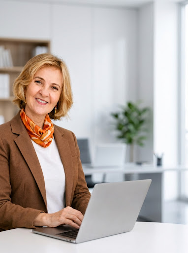 Professional corporate portrait of a senior female executive sitting at a desk with a laptop in a clean, minimalist office setting.